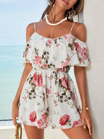 Floral Print Cold Shoulder Romper