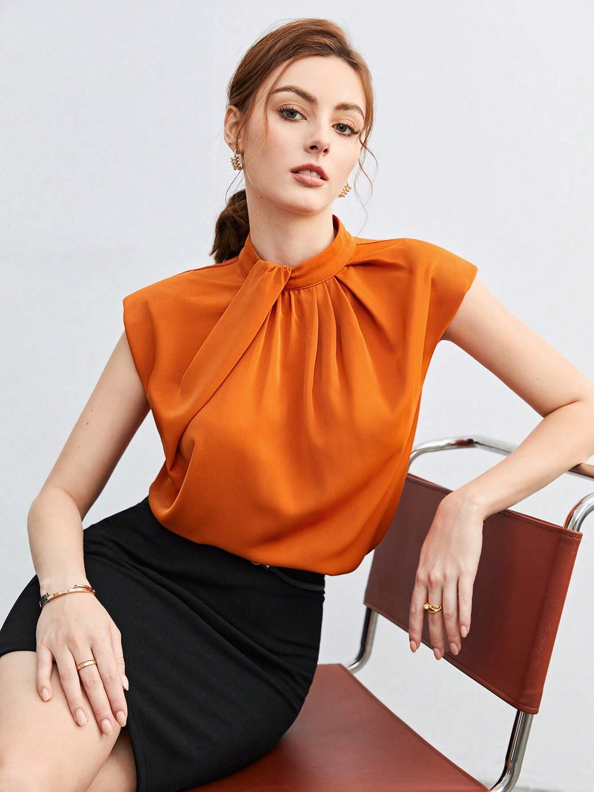 Fold Pleated Detail Keyhole Back Shoulder Pad Top