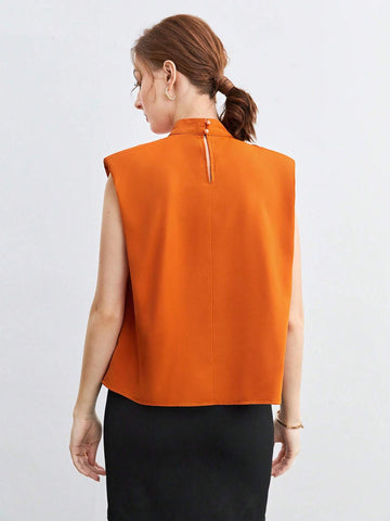 Fold Pleated Detail Keyhole Back Shoulder Pad Top