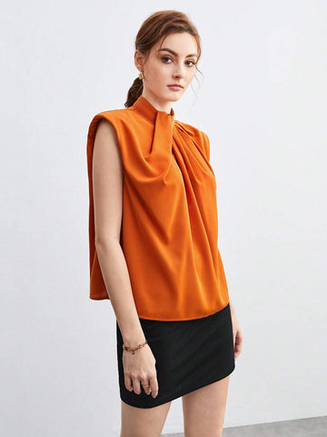Fold Pleated Detail Keyhole Back Shoulder Pad Top