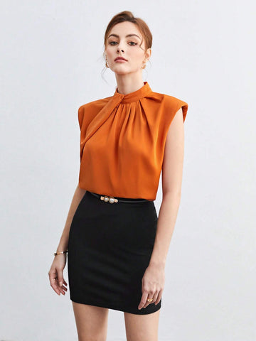 Fold Pleated Detail Keyhole Back Shoulder Pad Top
