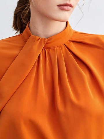 Fold Pleated Detail Keyhole Back Shoulder Pad Top