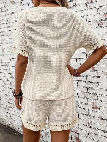 EMERY ROSE Solid Fringe Trim Tee & Shorts