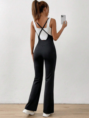 Solid Flare Leg Overall Jumpsuit Without Cami Top