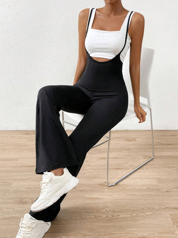Solid Flare Leg Overall Jumpsuit Without Cami Top