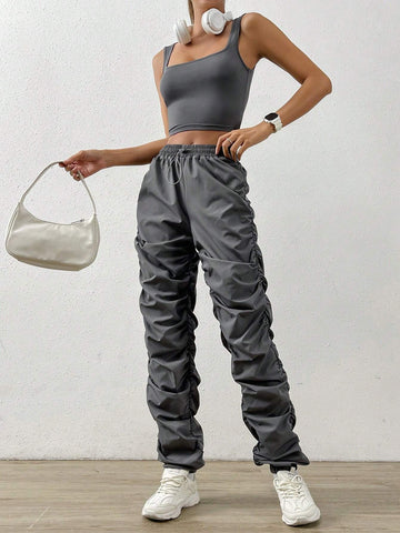 Solid Crop Tank Top & Drawstring Waist Pants