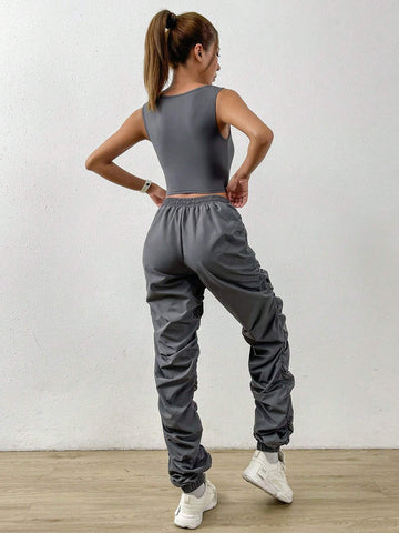 Solid Crop Tank Top & Drawstring Waist Pants