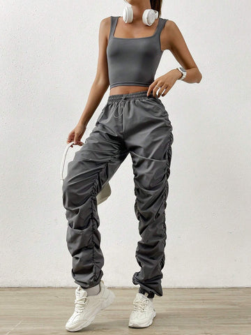 Solid Crop Tank Top & Drawstring Waist Pants