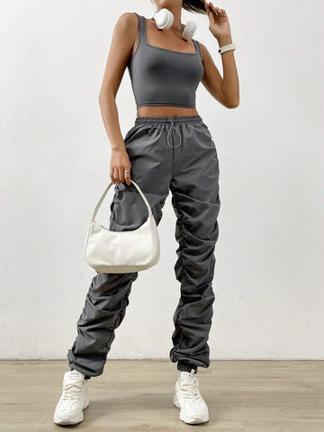 Solid Crop Tank Top & Drawstring Waist Pants