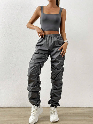 Solid Crop Tank Top & Drawstring Waist Pants