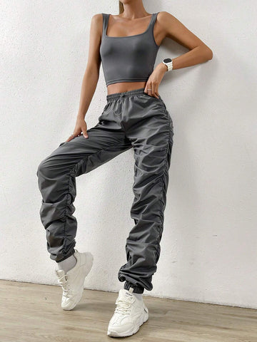 Solid Crop Tank Top & Drawstring Waist Pants