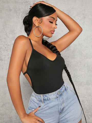 Solid Crisscross Backless Cami Bodysuit