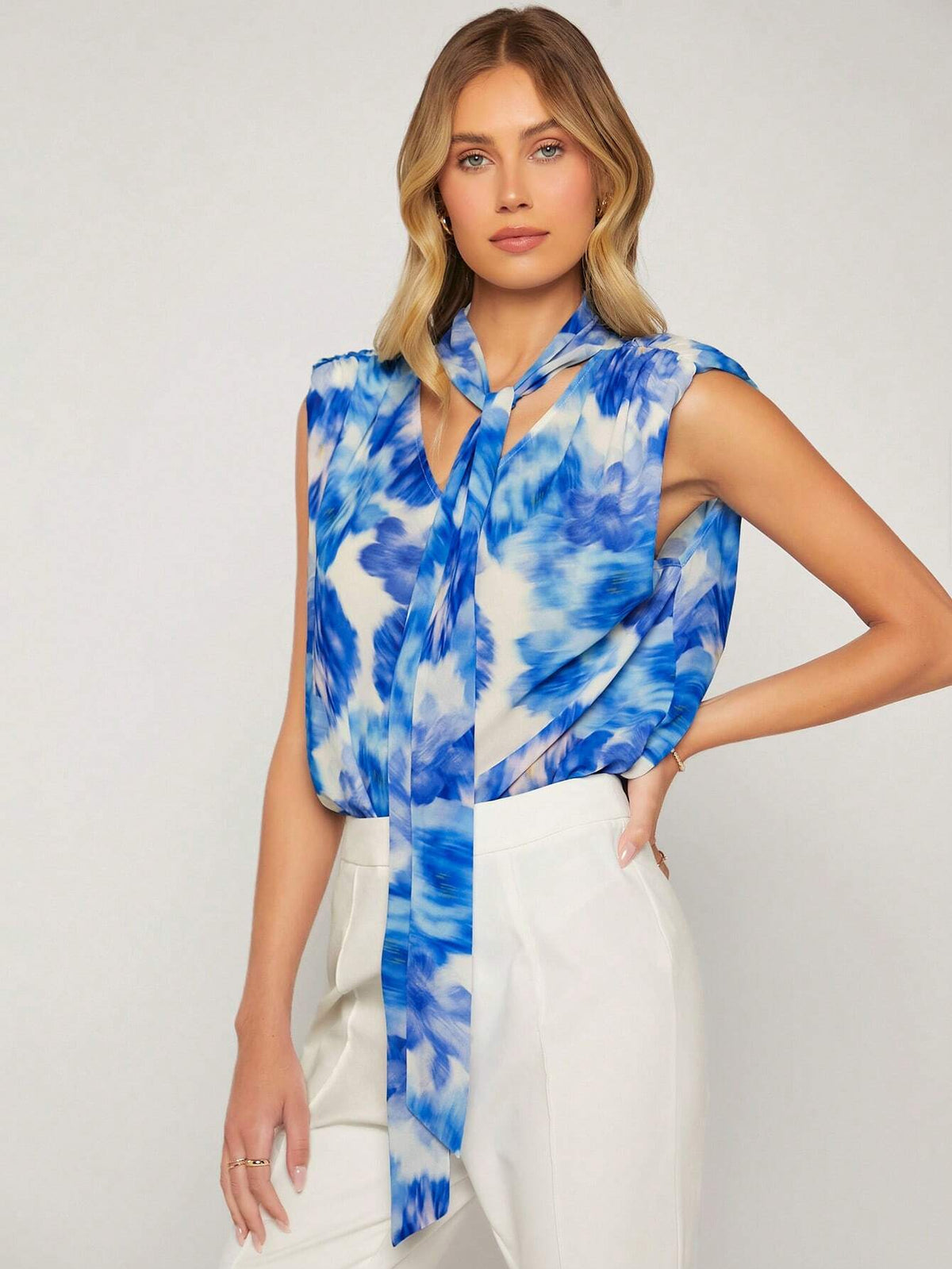 Tie Dye Tie Neck Sleeveless Blouse