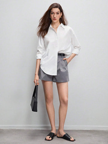 Solid Drop Shoulder Curved Hem Shirt