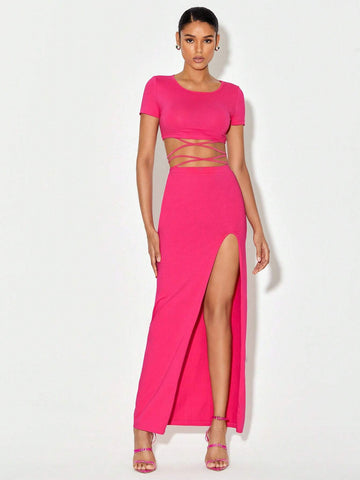 Crisscross Tie Back Crop Top & Split Thigh Skirt Set
