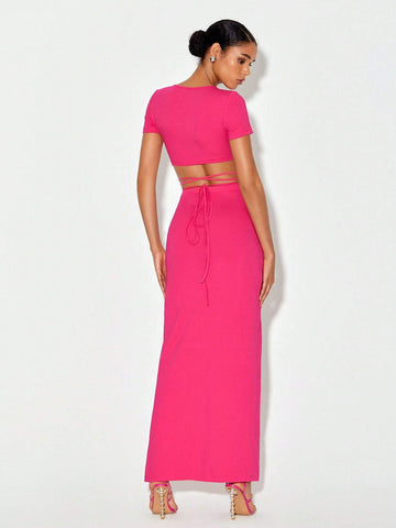 Crisscross Tie Back Crop Top & Split Thigh Skirt Set