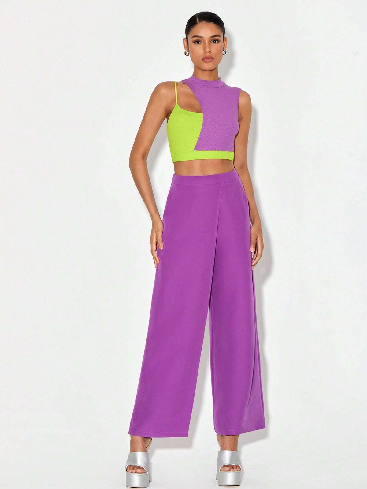 Two Tone Cut Out Crop Top & Wide Leg Pants