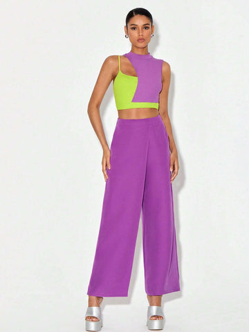 Two Tone Cut Out Crop Top & Wide Leg Pants