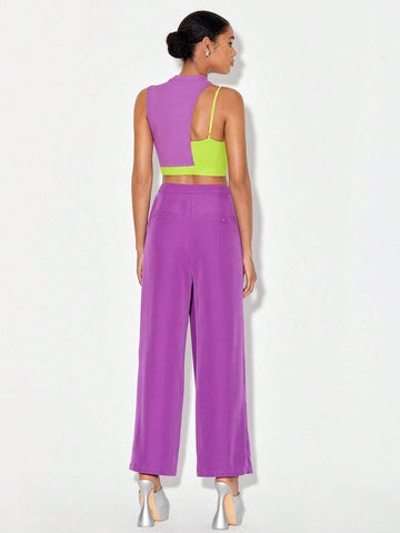 Two Tone Cut Out Crop Top & Wide Leg Pants
