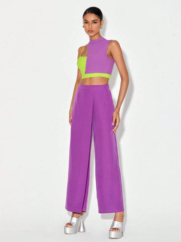 Two Tone Cut Out Crop Top & Wide Leg Pants
