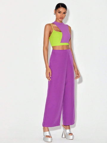 Two Tone Cut Out Crop Top & Wide Leg Pants