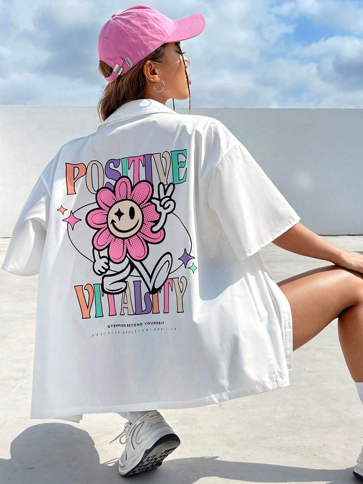 Slogan & Cartoon Graphic Drop Shoulder Shirt