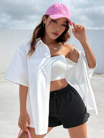 Slogan & Cartoon Graphic Drop Shoulder Shirt