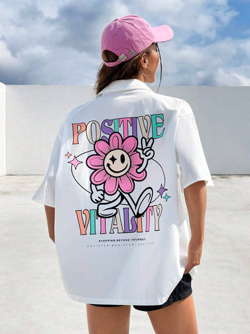 Slogan & Cartoon Graphic Drop Shoulder Shirt