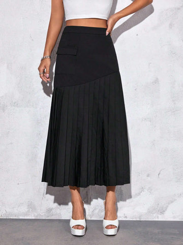 Flap Pocket Pleated Hem Skirt