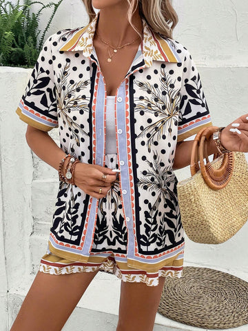 EMERY ROSE Tropical Print Blouse & Shorts