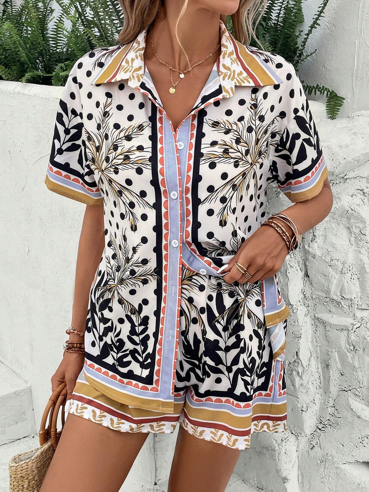 EMERY ROSE Tropical Print Blouse & Shorts