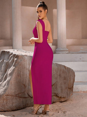 ADYCE One Shoulder Split Thigh Bandage Dress