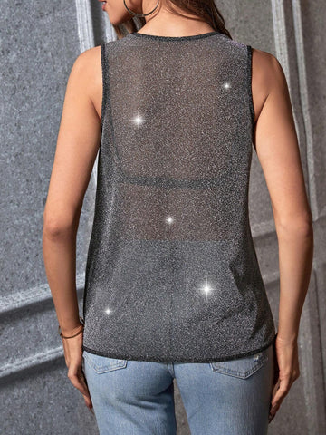 Draped Collar Sleeveless Glitter Blouse