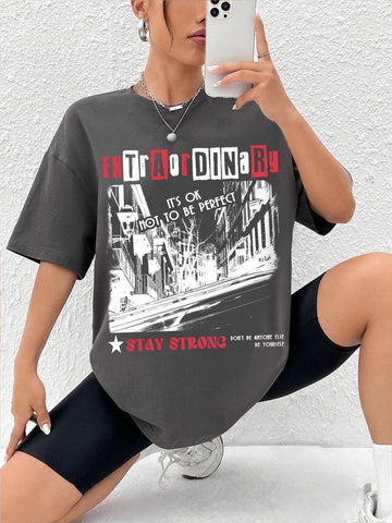 EZwear Street View & Slogan Graphic Drop Shoulder Oversized Tee