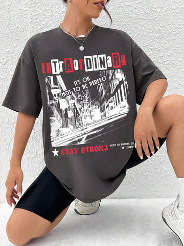EZwear Street View & Slogan Graphic Drop Shoulder Oversized Tee