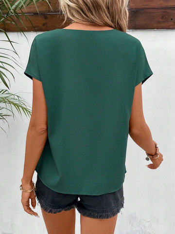 Solid Batwing Sleeve V Neck Blouse