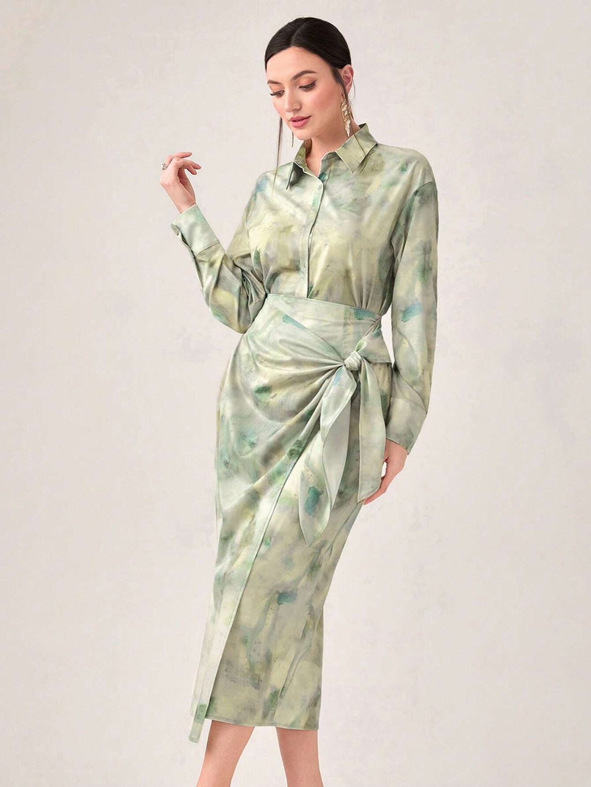 Tie Dye Drop Shoulder Shirt & Knot Side Wrap Skirt