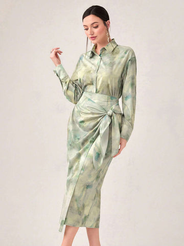 Tie Dye Drop Shoulder Shirt & Knot Side Wrap Skirt