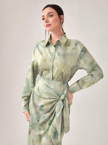 Tie Dye Drop Shoulder Shirt & Knot Side Wrap Skirt