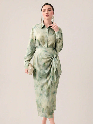 Tie Dye Drop Shoulder Shirt & Knot Side Wrap Skirt