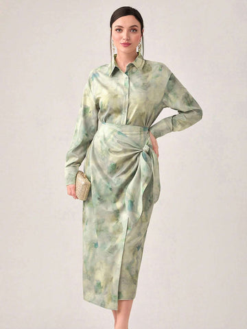 Tie Dye Drop Shoulder Shirt & Knot Side Wrap Skirt