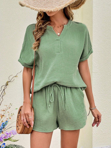 Notched Neck Batwing Sleeve Top & Tie Front Shorts