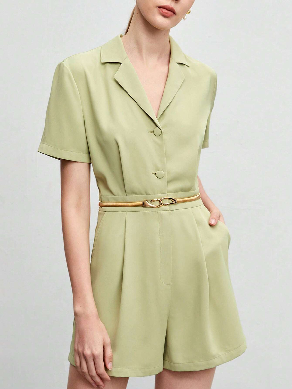 Lapel Collar Button Front Romper Without Belt