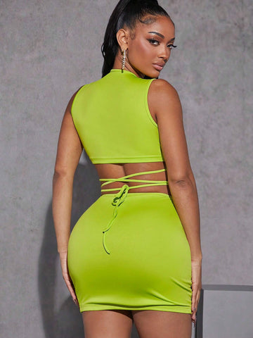 Lace Up Front Ruched Crop Tank Top & Bodycon Skirt