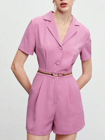 Lapel Collar Fold Pleated Detail Shirt Romper Without Belt