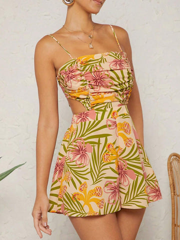 Tropical Print Cut Out Waist Cami Romper