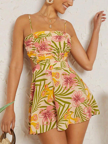 Tropical Print Cut Out Waist Cami Romper