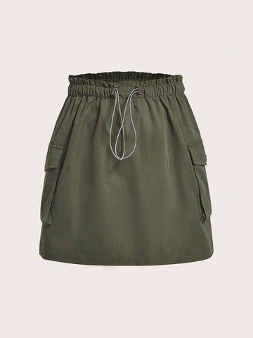 EZwear Paperbag Waist Flap Pocket Side Drawstring Cargo Skirt