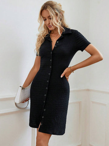 Button Front Solid Shirt Dress