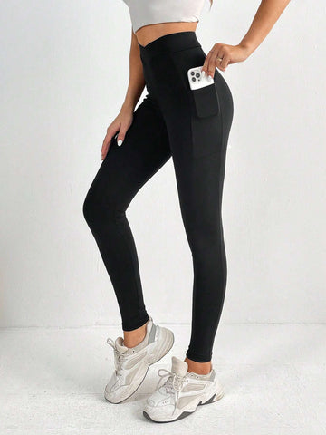 Tall Solid Wideband Waist Leggings With Phone Pocket